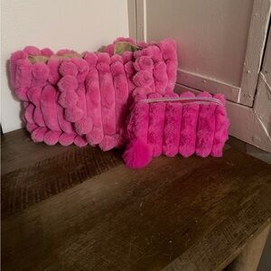 Pink Faux Fur Handbag and Pouch Set